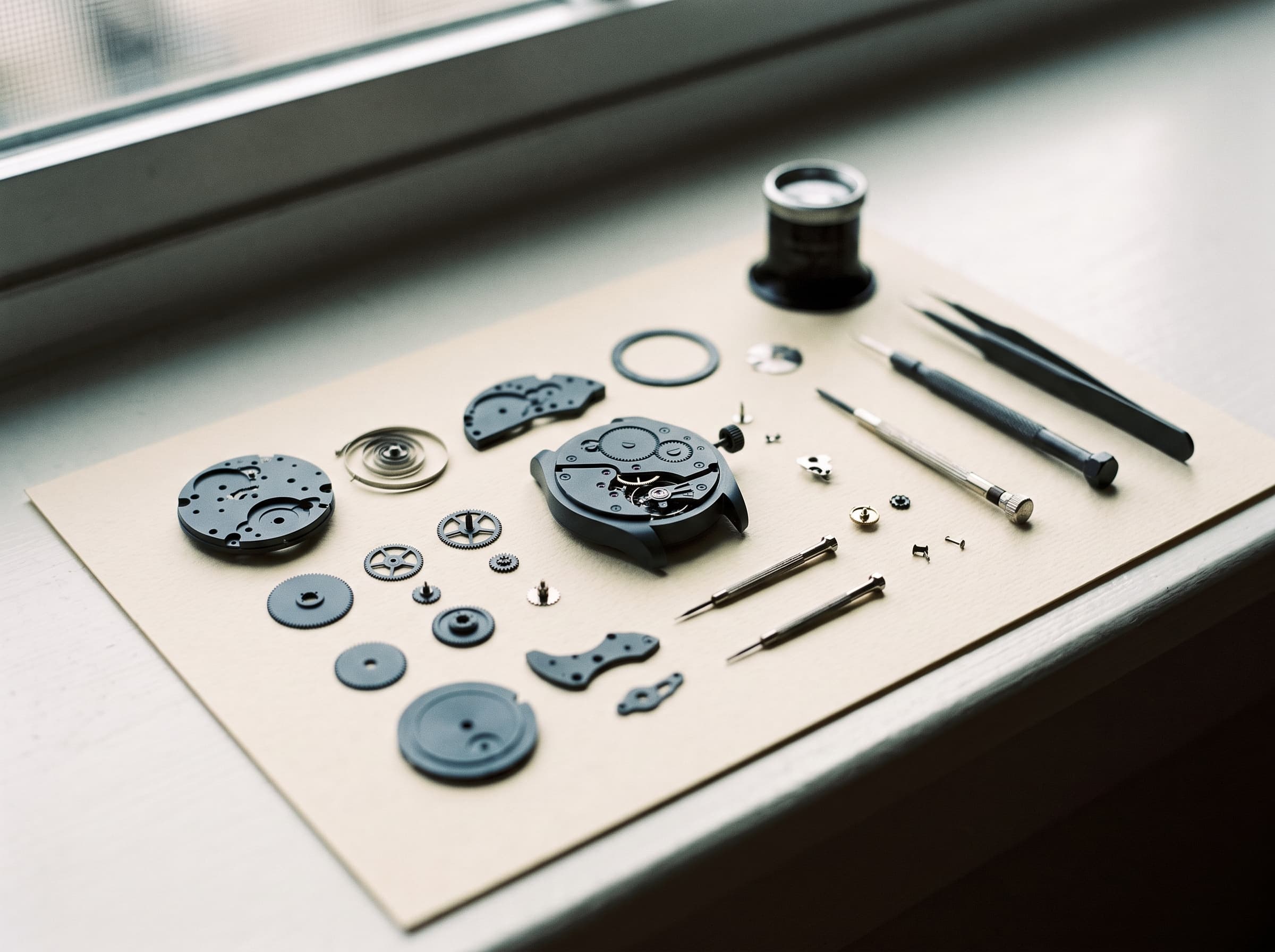 Disassembled watch movement on paper, tools on a grid